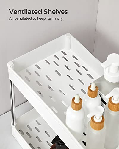 Under Sink Organizer, Under Bathroom Sink Storage 2 Tier Organizer Bath Collection Baskets with Hooks，White