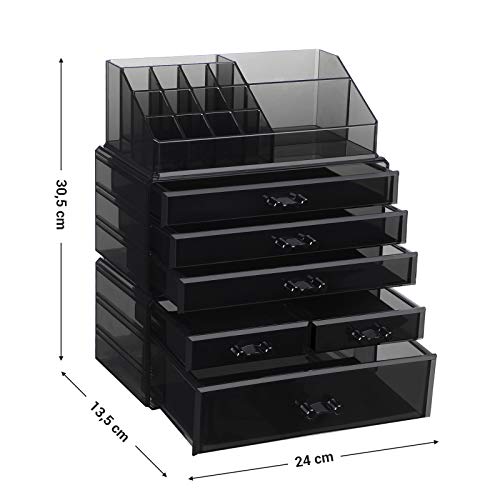 Large Acrylic Make up Organiser, Stackable Cosmetic Box with 6 Drawers, for Palette, Brush, Foundation, Lipstick, Nail Polish, Hairpins, Great Gift for Loved Ones, Black