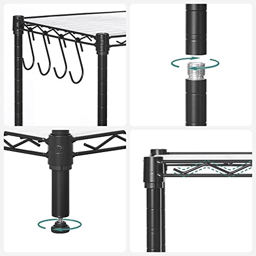 Kitchen Shelf with 6 Levels, Metal Shelf, Standing Shelf, Height Adjustable Mesh Shelf, with PP Plastic Plates, 8 S-Hooks, for Kitchen, Living Room, Space Saving, Black