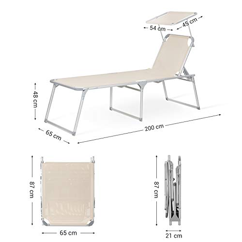 Sun Lounger, Sunbed, Large Reclining Sun Chair, 65 x 200 x 48 cm, Load Capacity 150 kg, with Reclining Backrest, Sunshade, Foldable, for Garden, Balcony, Terrace, Beige