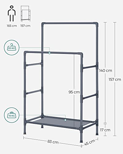 Clothes Rack, Metal Stand with 2 Hanging Rails and Storage Shelf, Max. Load 55 kg, Easy Assembly, Grey