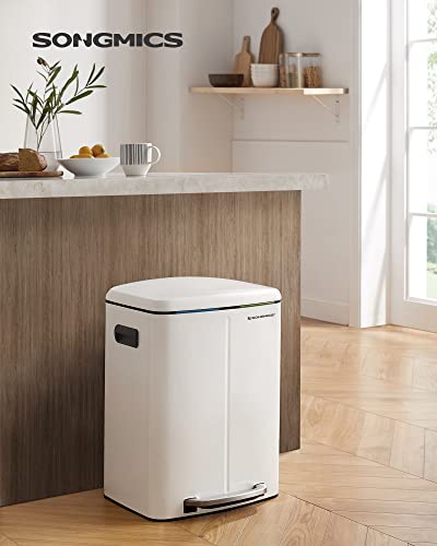 Double Rubbish Bin, 2 x 20 L Kitchen Bin, Dual Compartment Metal Step Bin, with Plastic Inner Buckets, Soft-Close Lids, and Handles, Odour Seal, White