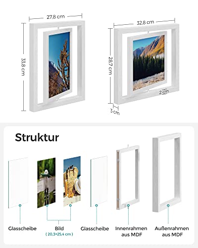 Set of 2 Rotating Photo Frames for 8 x 10 Inches with 2 Glass Panels for Standing or Hanging MDF White