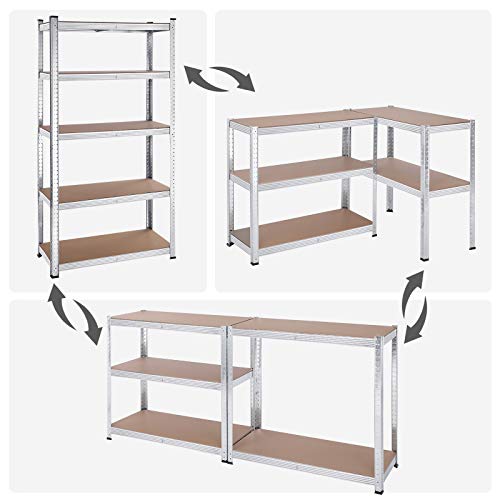 5-Tier Shelving Units, Set of 2 Steel Shelving Units for Storage, Tool-Free Assembly, for Garage, Shed, Load Capacity 875 kg, 40 x 90 x 180 cm, Silver