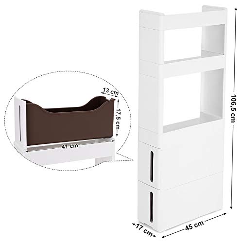 Narrow 3 Shelves 2 Drawers Recess Cabinet with Wheels for Kitchen Bathroom and Cellar 17cm Wide White , 45 x 17 x 106.5 cm