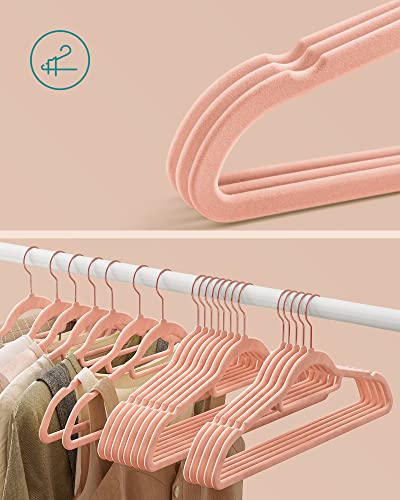 Velvet Hangers, Set of 50 Coat Hangers for Clothes, Non-Slip, with Tie Bar and Rose Gold Hook, Space-Saving, 0.6 cm Thick, 43.5 cm Long, for Dresses Trousers, Light Pink