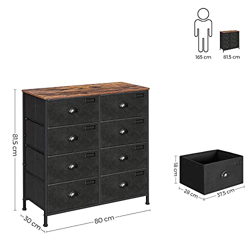 Fabric Chest of Drawers, Storage Drawers Tower, Dresser Cabinet with 8 Drawers for Bedroom Closet Living Room, Metal Frame, Industrial, Rustic Brown and Black