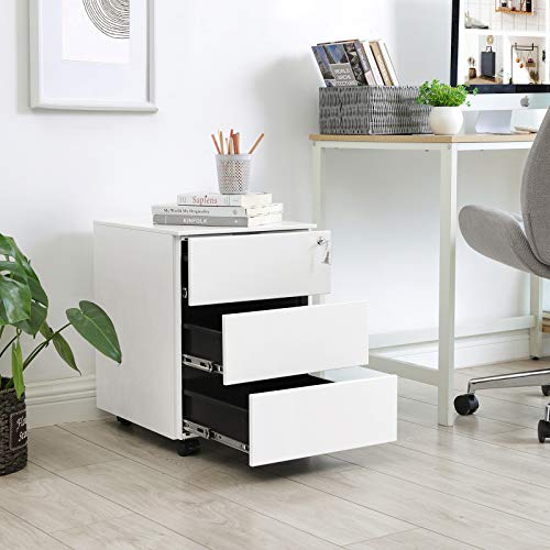 Songmics Steel Rolling Bin, Mobile Filing Cabinet, Lockable with 3 Drawers, File Storage, Office Supplies, Pre-Assembled Office, Home Office