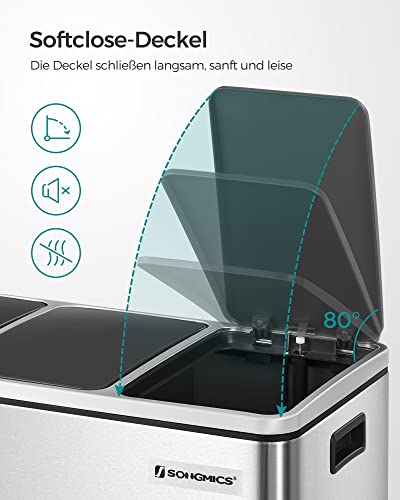 Recycling Bin, 3 x 18 L Triple Kitchen Bin, 3 Compartment Pedal Bin with Soft-Close Lids, Plastic Inner Buckets, and Handles, Silver and Black