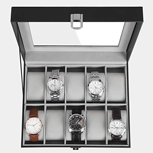 Watch Box with 10 Slots, Watch Case with Glass Lid, Watch Display Box with Removable Watch Pillows, Metal Clasp, Gift Idea, Black Synthetic Leather, Grey Lining