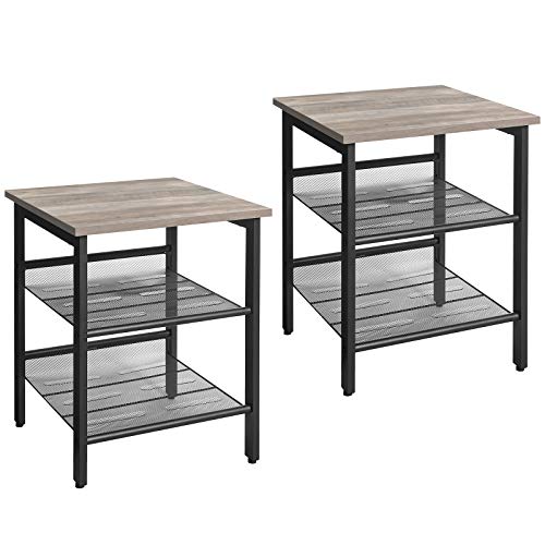 Side Table Set, Nightstand, Set of 2 Industrial Bedside Tables, with Adjustable Mesh Shelves, Living Room, Bedroom, Hallway, Office, Stable, Greige and Black