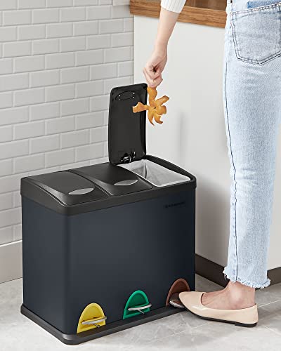 Recycling Bin, 3-in-1 Pedal Bin, 24-Litre Metal Rubbish Bin, Waste Separation System Dustbin for Kitchen, Easy to Clean, Steel, Grey