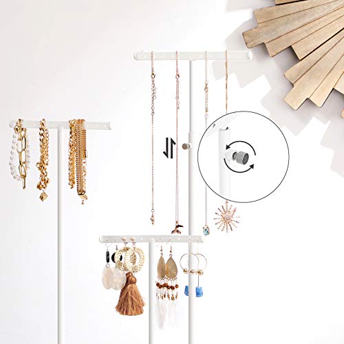 2-in-1 Jewellery Display Stand Holder, Jewellery Rack Tree, 3 T-Shape Metal Bars with Holes, Storage Tray, Adjustable, Long Necklace Bracelet Earring Ring, Rustic Brown and White