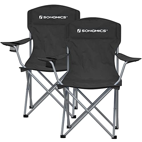 Set of 2 Folding Camping Chairs, Comfortable, Heavy Duty Structure, Max. Load Capacity 150 kg, with Cup Holder, Outdoor Chairs, Black