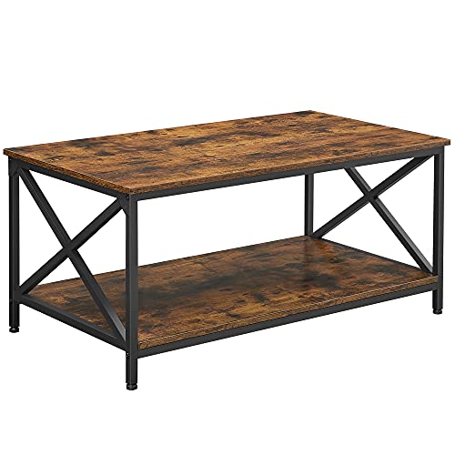 Coffee Table, Cocktail Table with X-Shape Steel Frame and Storage Shelf, 100 x 55 x 45 cm, Industrial Farmhouse Style, Rustic Brown and Black