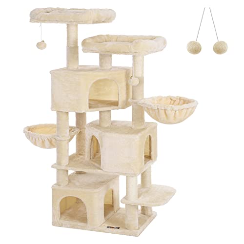 Large Cat Tree with 3 Cat Caves, 164 cm Cat Tower, Beige