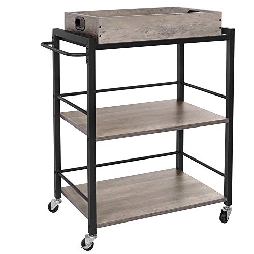 Kitchen Trolley with Removable Tray, Serving Cart Trolley, Universal Castors with Brakes, Levelling Feet, Steel Structure, Kitchen Shelf, 65 x 40 x 86 cm, Greige and Black