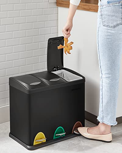 Recycling Bin, 3-in-1 Pedal Bin, 24-Litre Metal Rubbish Bin, Waste Separation System Dustbin for Kitchen, Easy to Clean, Steel, Black