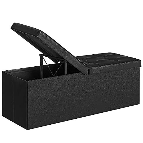 120L Folding Ottoman Bench Storage Box Storage Cube Flipping Lid Shoe Bench Footstool Load Capacity of 300 Kg Black 110 x 38 x 38 cm