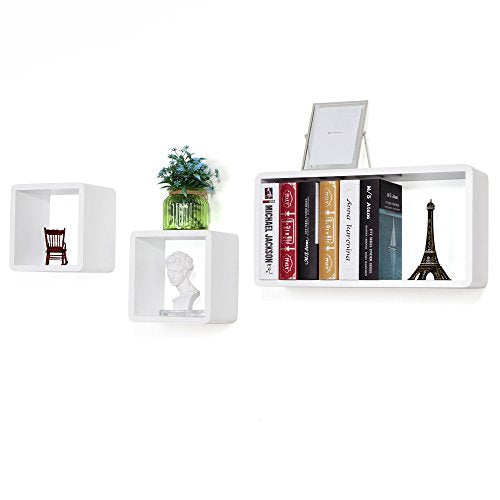 Set of 3 Floating Shelves, Wall Shelves with High Gloss Finish, Wooden Cube Storage Organisers, 15 cm Depth, 50/22/22 cm, White