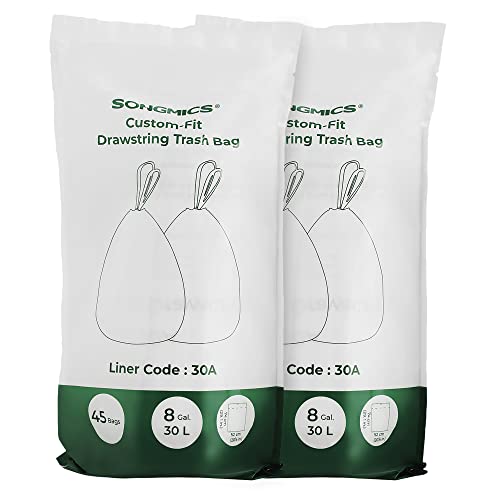 Drawstring Bin Bags, Bin Liners for 30L Rubbish Bins, Code 30A, Custom-Fit, 2 Rolls, 90 Pieces, White