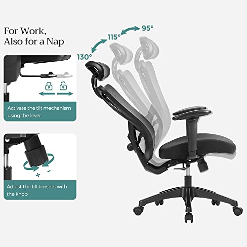 Office Chair, Ergonomic Desk Chair, Computer Chair, Mesh Chair, Adjustable Lumbar Support and Headrest, 150 kg, Height-Adjustable, Black