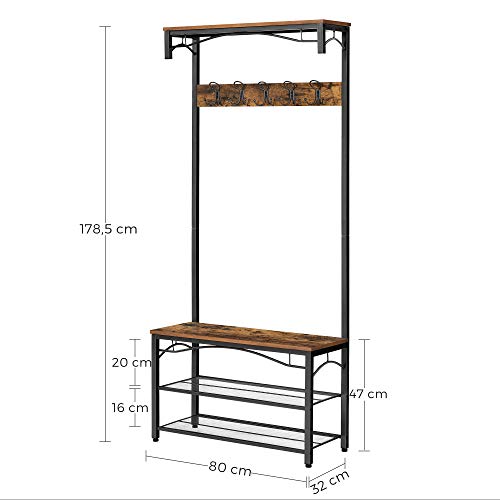 Coat Rack Stand, Industrial Coat Tree, Hallway Shoe Rack and Bench with Shelves, Hall Tree with Hooks, Matte Metal Frame, 80 x 32 x 178.5 cm (L x W x H)