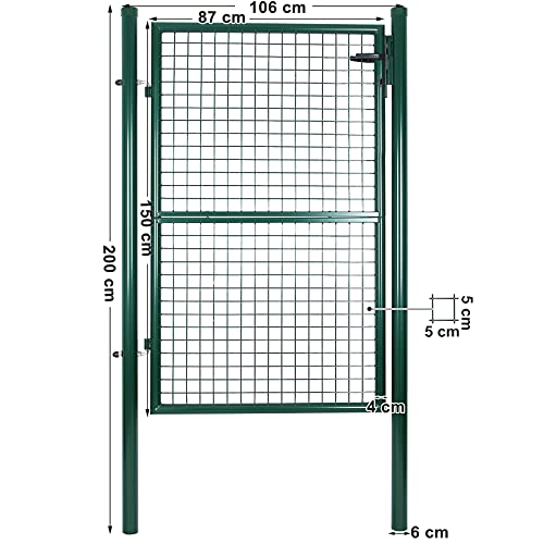 Garden Gate, Galvanised Steel, Sturdy and Durable, Lockable, 87 x 150 cm (Side Columns Not Included), 5 x 20 cm Mesh Grid, Green