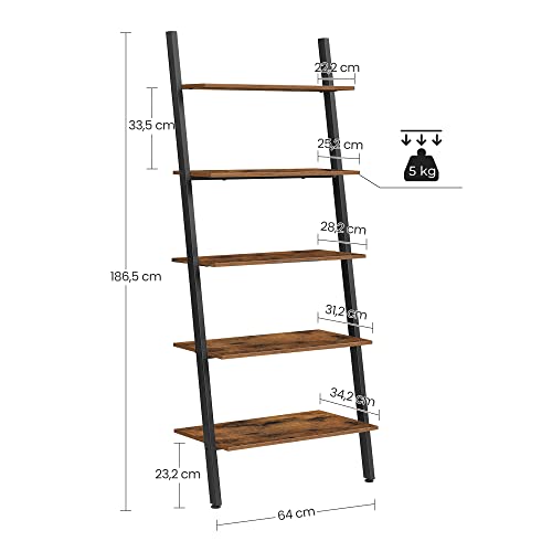 Industrial Ladder Shelf, 5-Tier Bookshelf Rack, Wall Shelf for Living Room, Kitchen, Office, Stable Steel, Leaning Against the Wall, Rustic Brown and Black 