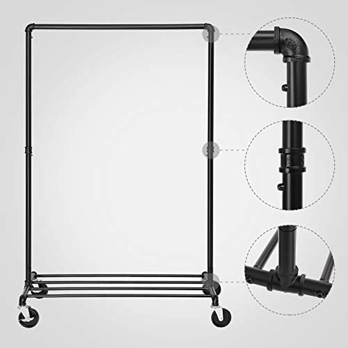 Heavy Duty Metal Clothes Rack on Wheels, Holds 90 kg, Industrial Design, Coat Stand with 1 Clothes Rail and Shelf, for Bedroom Laundry Room, Black