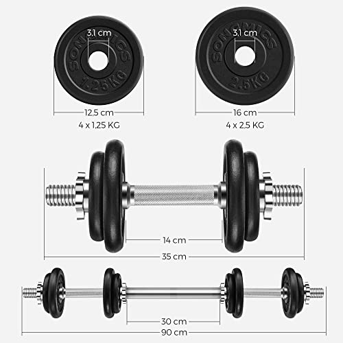 2-in-1 Dumbbells Set, 2 x 10 kg Cast Iron Adjustable Weights, with Extra Steel Barbell Bar, Fitness Training, Weight Lifting, at Home Gym, Black