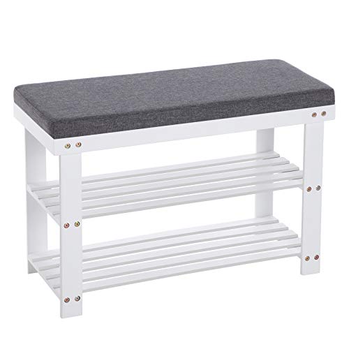 Bamboo Shoe Bench, 2-Tier Shoe Rack, Stable Shoe Organiser for Entryway, Living Room, Bench Seat Holds Up to 150 kg, 71 x 29 x 49 cm, White and Grey