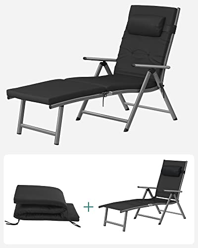 Foldable Sun Lounger, Sunbed with 6 cm Mattress, Removable Headrest, Rustproof Aluminium, Breathable, Comfortable, Reclinable, Max. Load Capacity 150 kg, Black