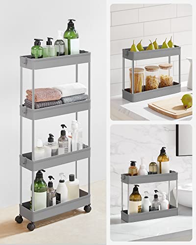 4-Tier Slide Out Storage Trolley, Rolling Cart on Wheels, Space-Saving Narrow Kitchen Bathroom Trolley, 40 x 12.5 x 86 cm, Grey