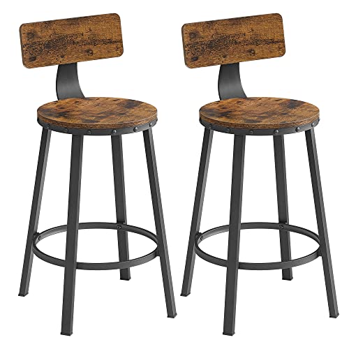 Bar Stools, Kitchen Stools, Set of 2 Tall Bar Chairs with Backrest, Steel Frame, 62.5 cm High Seat, Easy Assembly, Industrial, Rustic Brown and Black