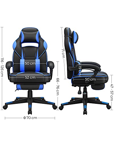 Gaming Chair Desk Chair with Footrest, Office Chair with Headrest and Lumbar Cushion, Height-Adjustable, Ergonomic, 90-135° Tilt Angle, Load 150 kg Black + Blue