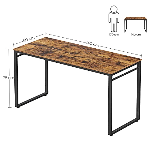 Computer Desk, Writing Desk, Home Office Desk with 8 Hooks, 140 x 60 x 75 cm, for Study and Bedroom, Easy Assembly, Steel, Industrial Design, Rustic Brown and Black