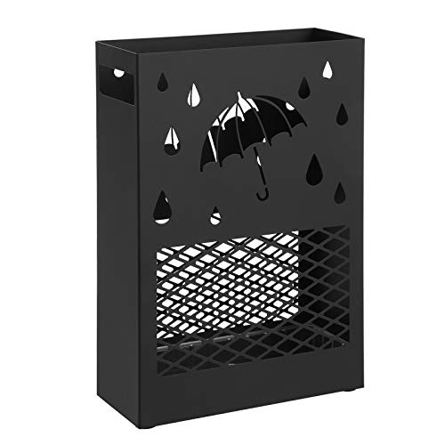 Umbrella Stand Metal Rectangular Umbrella Stand with Removable Water Drip Tray, 4 Hooks, Cutout Design, for Hallway and Office, Black