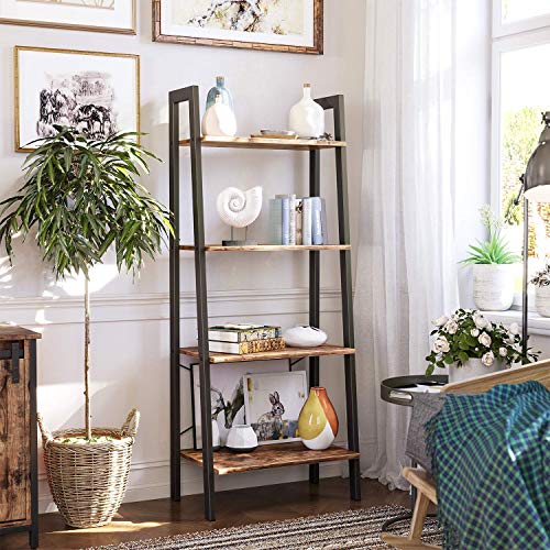 Ladder Shelf, Bookshelf, 4-Tier Industrial Storage Rack for Living Room, Bedroom, Kitchen, Rustic Brown and Black