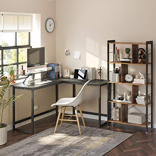 Computer Desk, L-Shaped Writing Workstation, Industrial Corner Desk With Monitor Stand, for Home Office Study Writing and Gaming, Space Saving, Easy Assembly, Black