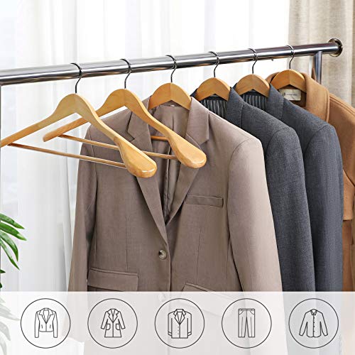 Suit Hangers, Set of 6, Solid Wood Contoured Hangers with Extra Wide Shoulders, Non-Slip for Outfits, Shirts, Coats, Jackets, Trousers, Pants, 360° Swivel Hook, Natural Colour