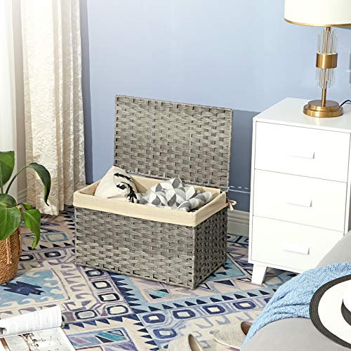 Rattan-Style Storage Box, Indoor Storage Basket, 65L Landry Hamper, Decorative Bin with Lid Liner Handles, Storage Trunk, Grey