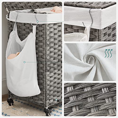 Laundry Basket, Handwoven Laundry Hamper, 140L Rattan-Style Washing Basket with 3 Compartments, Removable Liner, Handles, Lid, Living Room, Bathroom, 66 x 33 x 60 cm, Grey