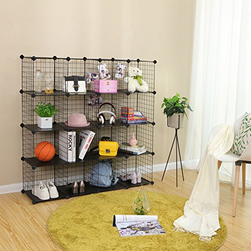 16 Cube Metal Wire Storage Organiser, DIY Closet Cabinet and Modular Shelving Grids, Wire Mesh Shelves and Rack, Black