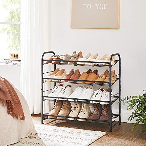 4-Tier Shoe Rack, Stackable Shoe Storage Organiser, Hold up to 16 Pairs, Steel, 68.5 x 27.5 x 65 cm, for High Heels, Trainers, Slippers, in the Entryway, Black