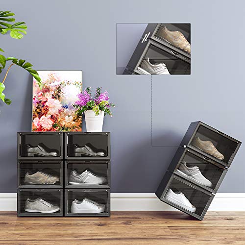 Shoe Boxes, Pack of 6 Stackable Shoe Organisers with Clear Door, Plastic Shoe Storage for UK Size 11, 36 x 28 x 22 cm, Black