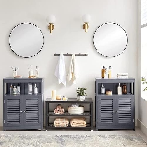 Wooden Bathroom Floor Cabinet Storage Organiser Rack, Kitchen Cupboard Free Standing, with Double Shutter Doors, Grey