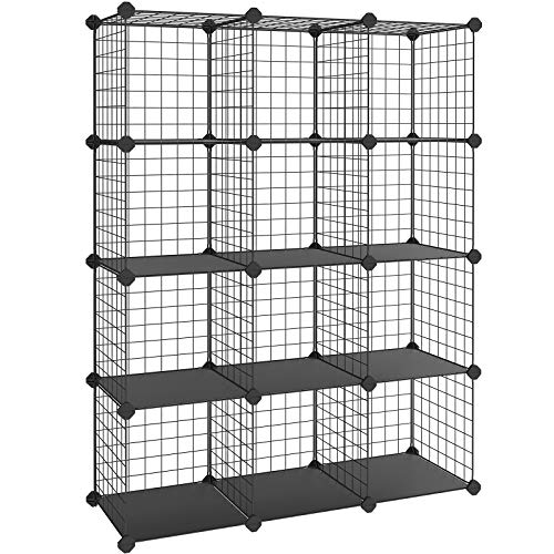 12 Cubes Wire Grid Storage Rack, Interlocking Shelving Unit with Metal Mesh Shelves and PP Plastic Sheets, for Books Shoes Toys Clothes Tools, in Living Room Bathroom, Black