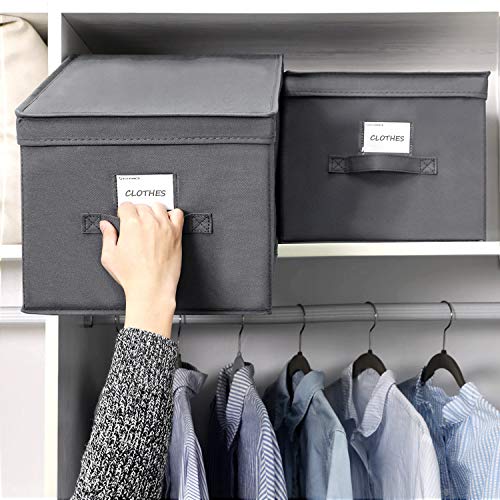 Set of 3 Foldable Storage Boxes with Lids, Fabric Cubes with Label Holders, Storage Bins Organiser, 40 x 30 x 25 cm, Grey