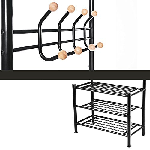 Coat Stand with 3 Shoe Racks with 18 Hooks Tube Diameter 32 mm, Metal, Black, 68.8 x 35.2 x 187 cm